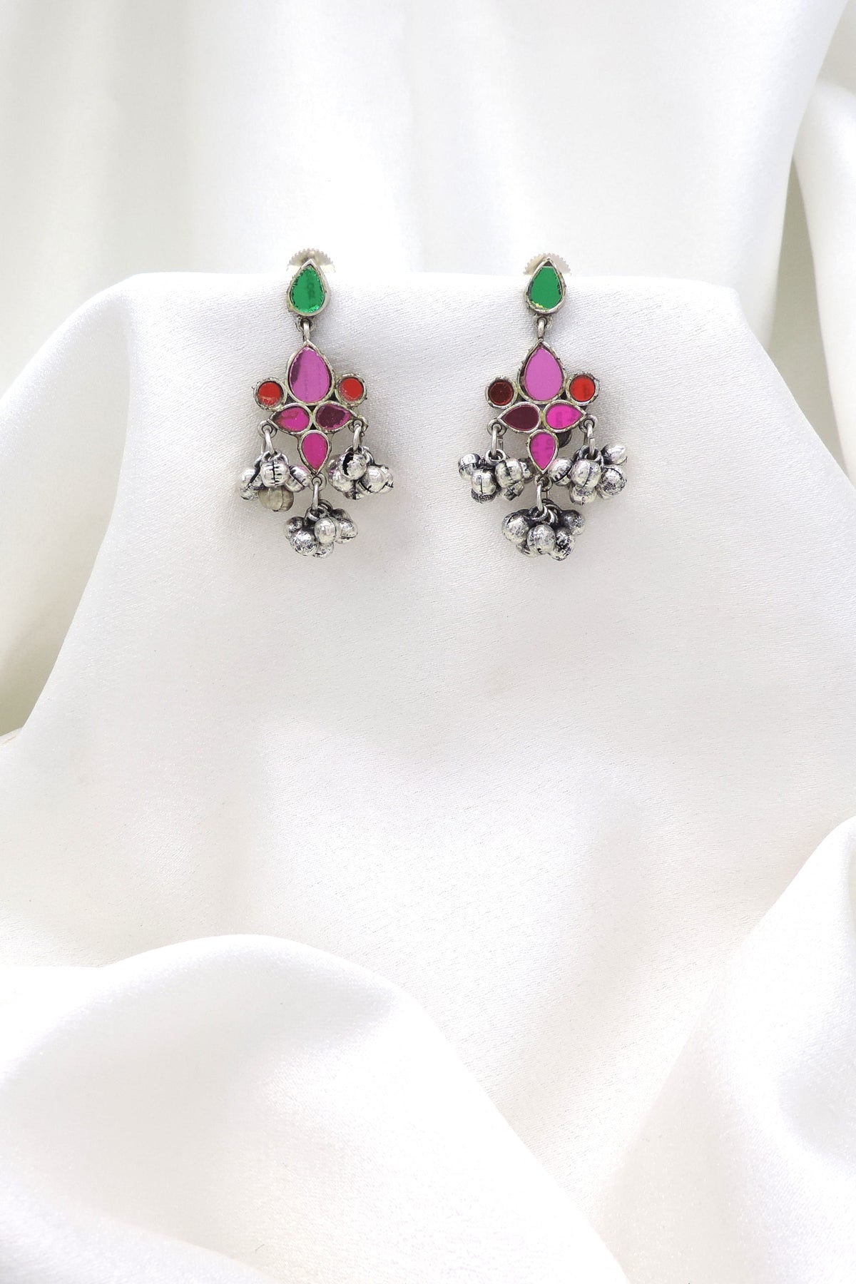 Oxidized Silver Multicolor Floral Ghungroo Drop Earrings