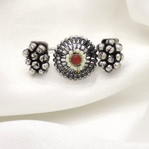 Oxidized red CZ AD pearl ring with circular antique silver detailing and bead accents from joyrias