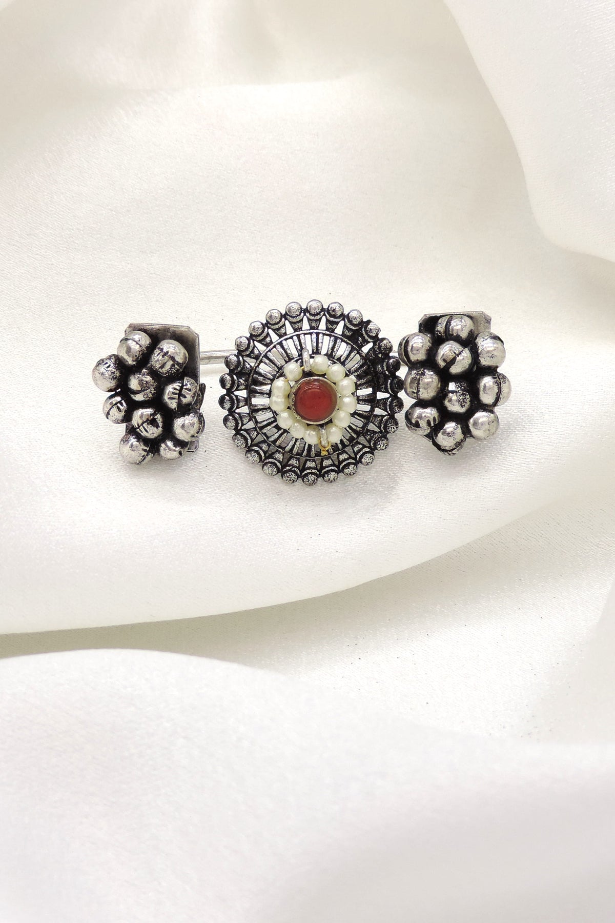 Oxidized red CZ AD pearl ring with circular antique silver detailing and bead accents from joyrias