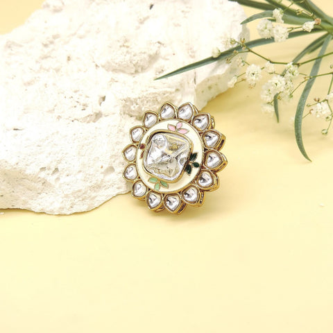 Round Kundan meenakari floral cocktail ring – Indian enamel ring for women USA – Joyrias