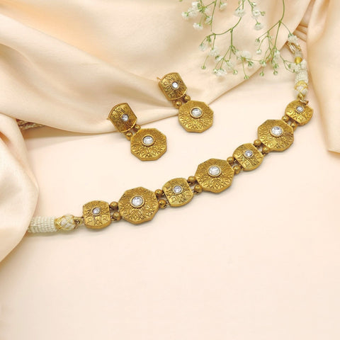 Antique Gold-Plated Geometric Choker Necklace Set with Earrings Image 0