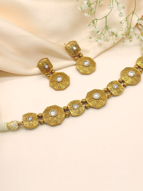 Antique gold plated geometric choker necklace set with earrings – Indian statement jewelry USA – Joyrias