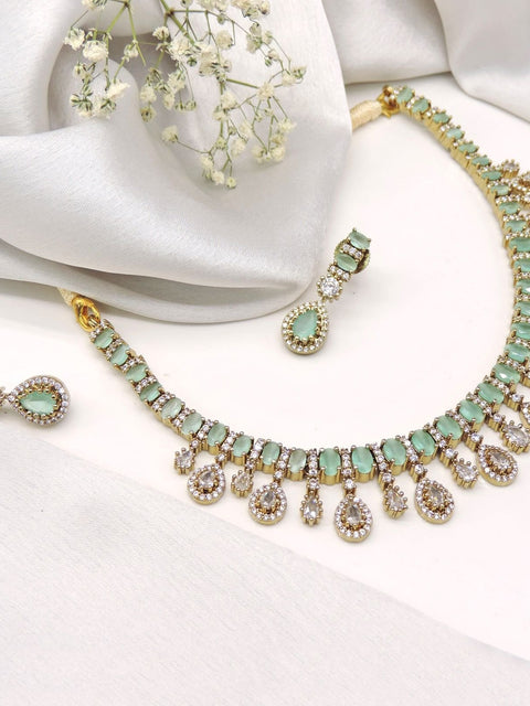 Mint green AD stone necklace set – Indian CZ necklace for weddings USA – Joyrias