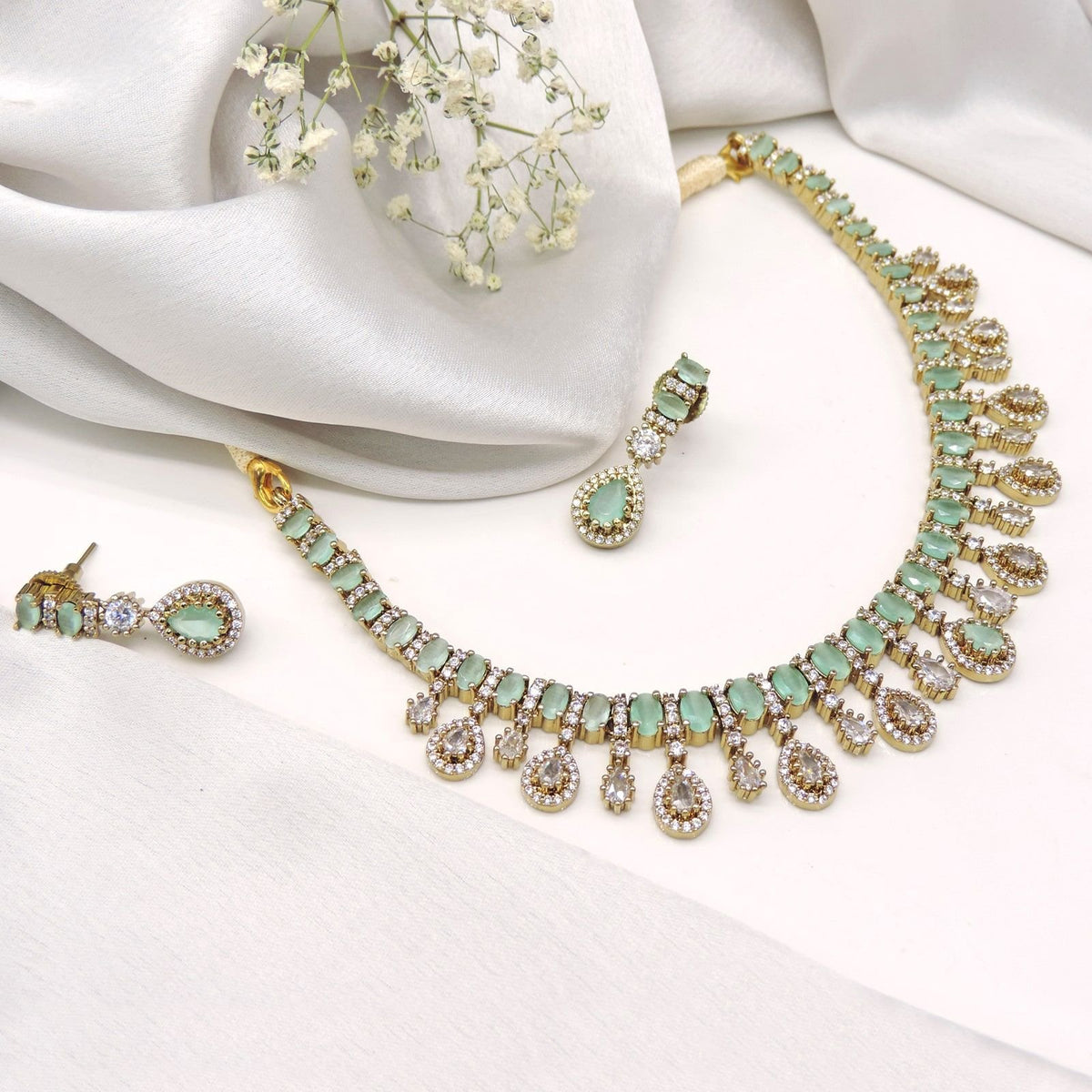 Mint green AD stone necklace set – Indian CZ necklace for weddings USA – Joyrias