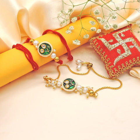 Green Peacock Bhaiya Bhabhi Rakhi Set by Joyrias