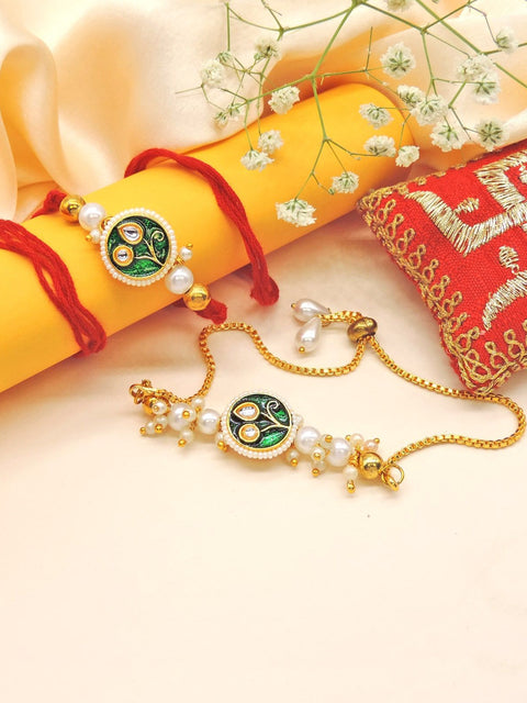 Green Peacock Bhaiya Bhabhi Rakhi Set by Joyrias