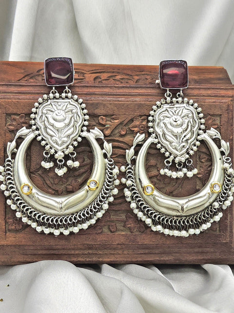 Maroon stone silver plated boutique earrings – Indian ethnic earrings for festive wear – Joyrias