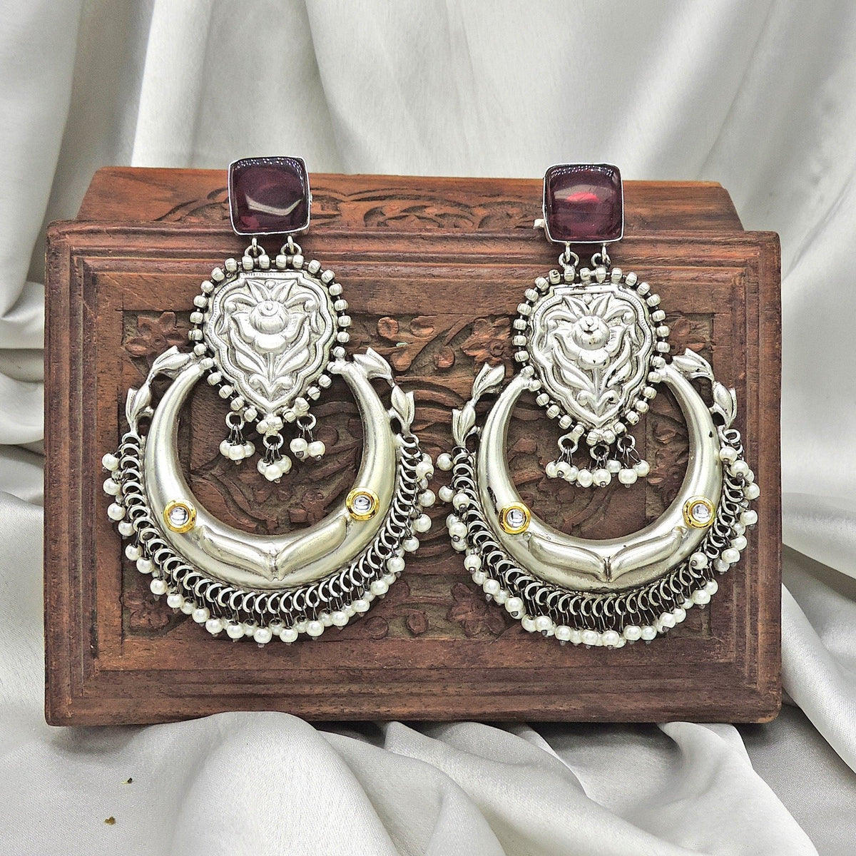Maroon stone silver plated boutique earrings – Indian ethnic earrings for festive wear – Joyrias