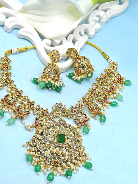 Gold plated long necklace – Indian statement long necklace for ethnic wear USA – Joyrias