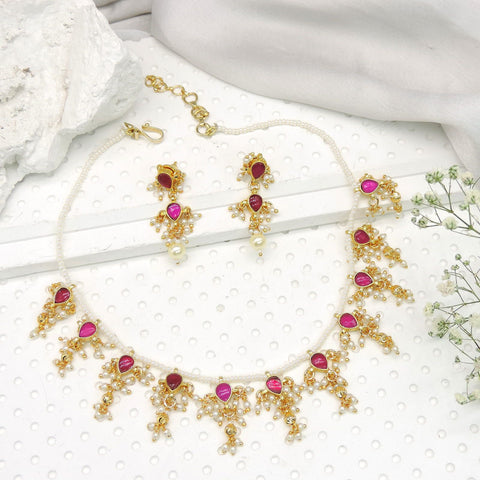Pearl choker necklace with pink stones and pearl drops with matching earrings