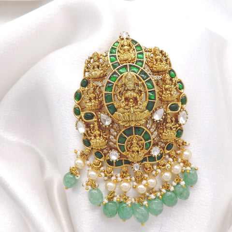 Regal green temple pendant with deity motifs, pearl drops and CZ AD accents by joyrias