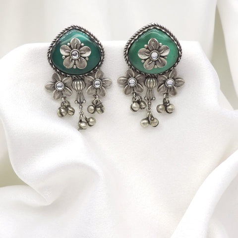 Oxidized Floral Ghungroo Drop Earrings
