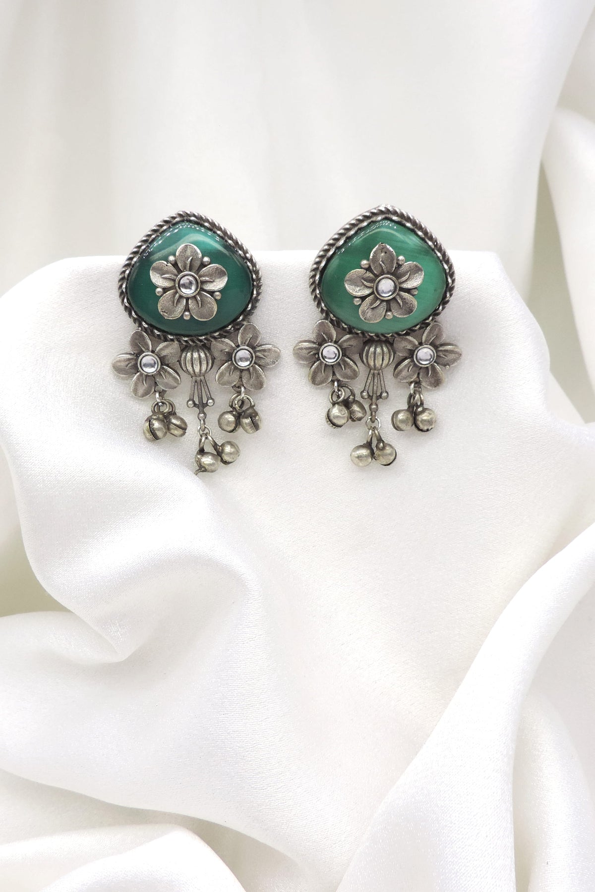Oxidized Floral Ghungroo Drop Earrings