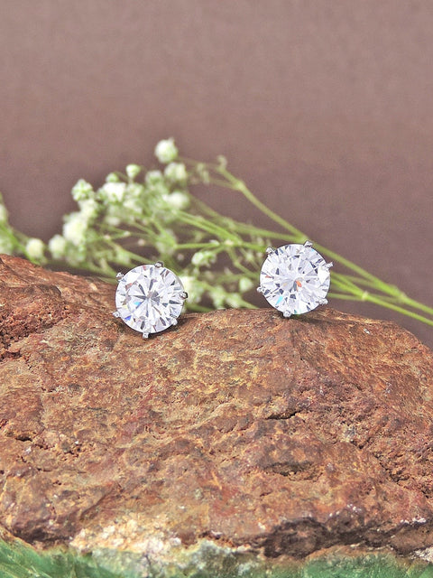 Solitaire style stud earrings in silver finish – Indian CZ stud earrings for women USA – Joyrias