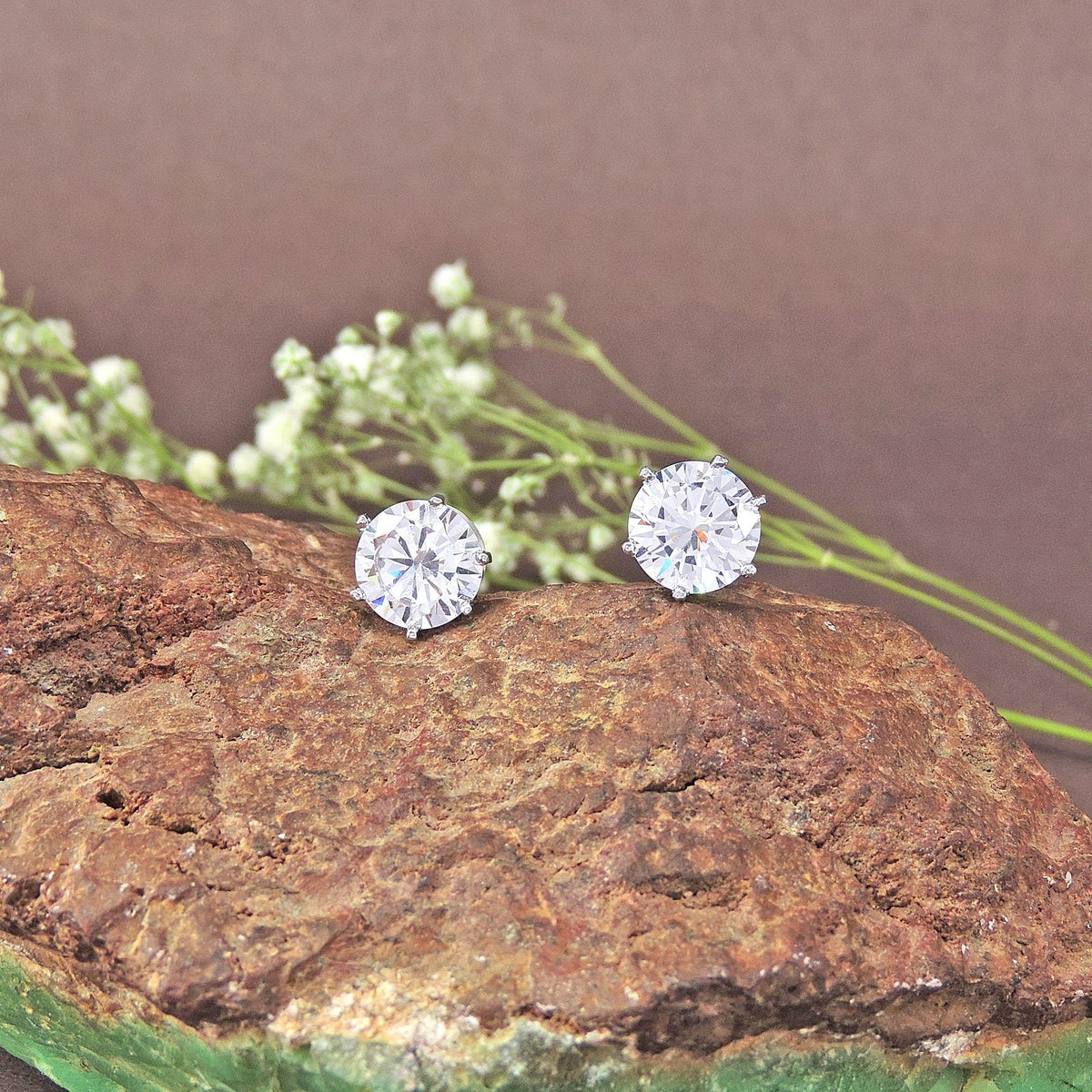 Solitaire style stud earrings in silver finish – Indian CZ stud earrings for women USA – Joyrias