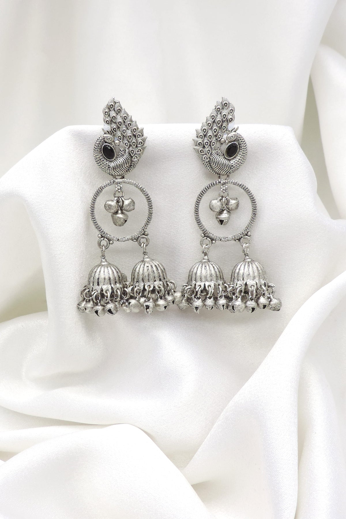 Oxidized Silver Peacock Pink Stone Double Jhumka Earrings