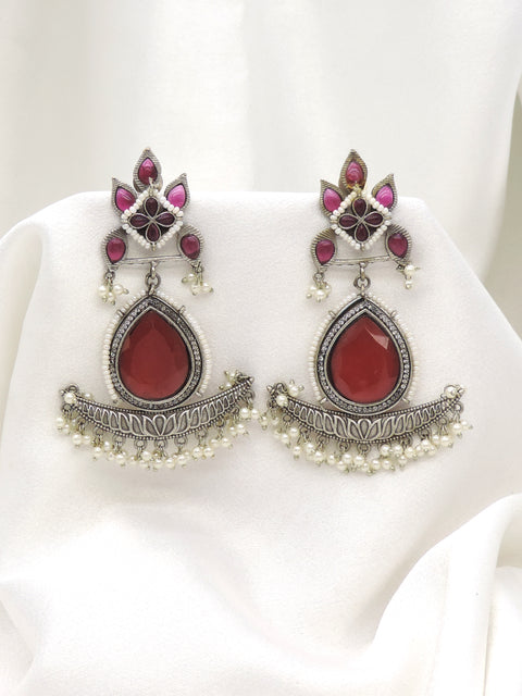 Oxidized Silver Green Stone Chandbali Jhumka Earrings