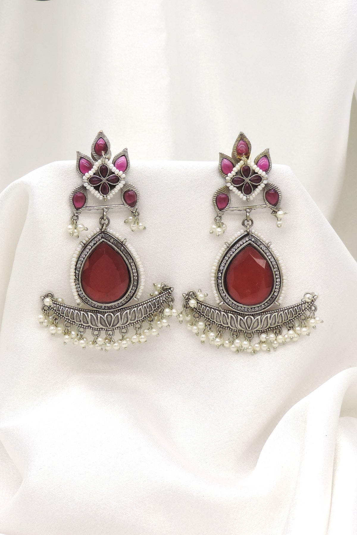 Oxidized Silver Green Stone Chandbali Jhumka Earrings
