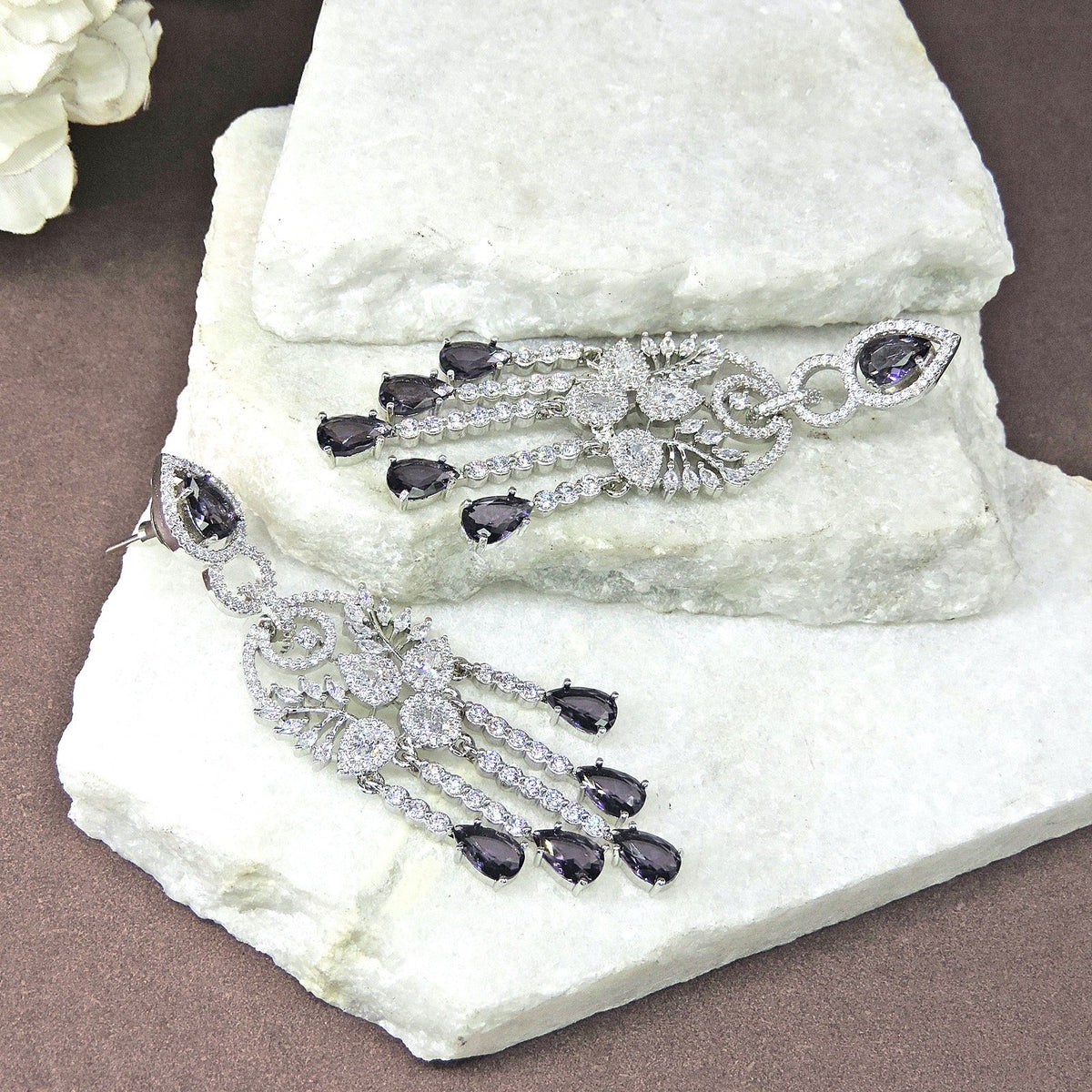 Long CZ earrings in purple – Indian long cubic zirconia purple earrings USA – Joyrias