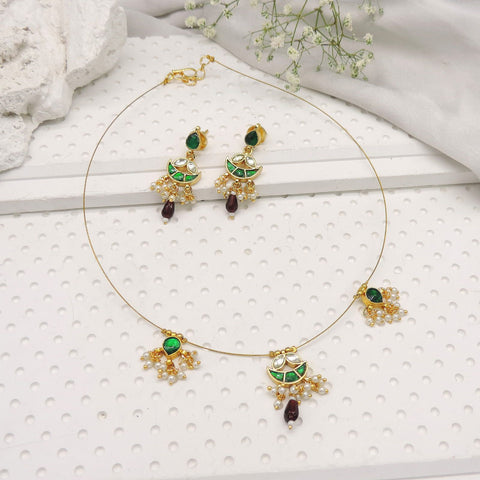 Green and maroon drop wire necklace set with matching earrings