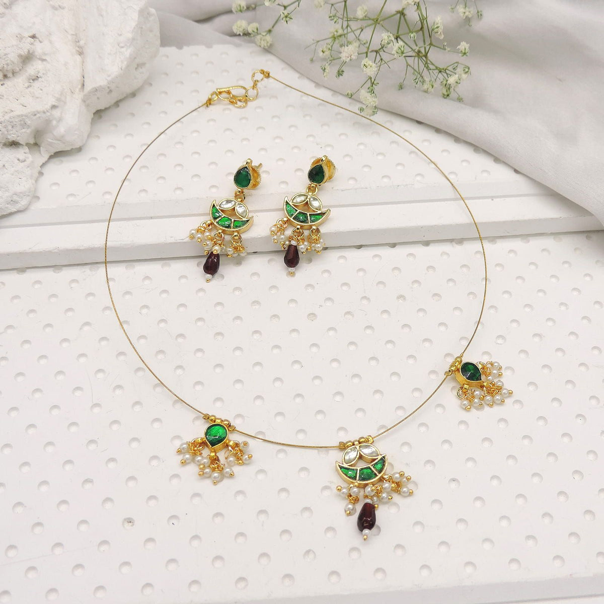 Green and maroon drop wire necklace set with matching earrings