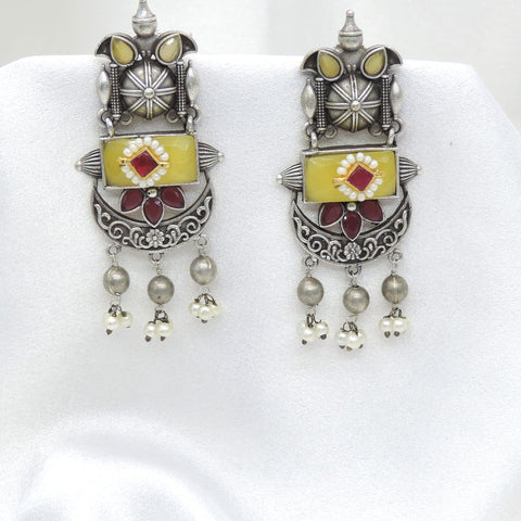 Oxidized silver pearl colorful long drop earrings with traditional detailing by joyrias
