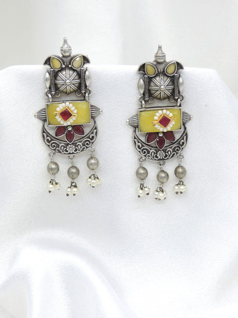 Oxidized silver pearl colorful long drop earrings with traditional detailing by joyrias