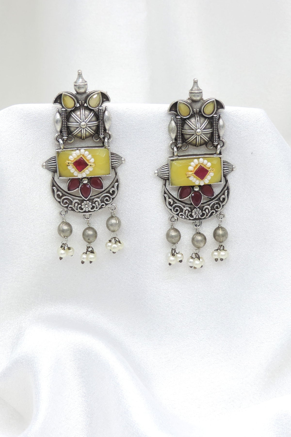 Oxidized silver pearl colorful long drop earrings with traditional detailing by joyrias