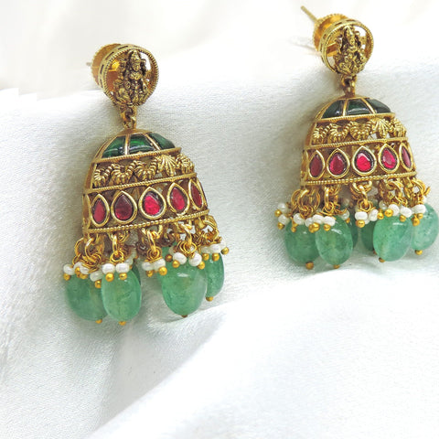 Emerald kundan jhumka earrings with pearl and bead drops by joyrias