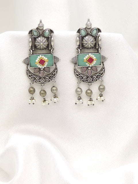 Oxidized Silver Pearl Colorful Drop Earrings