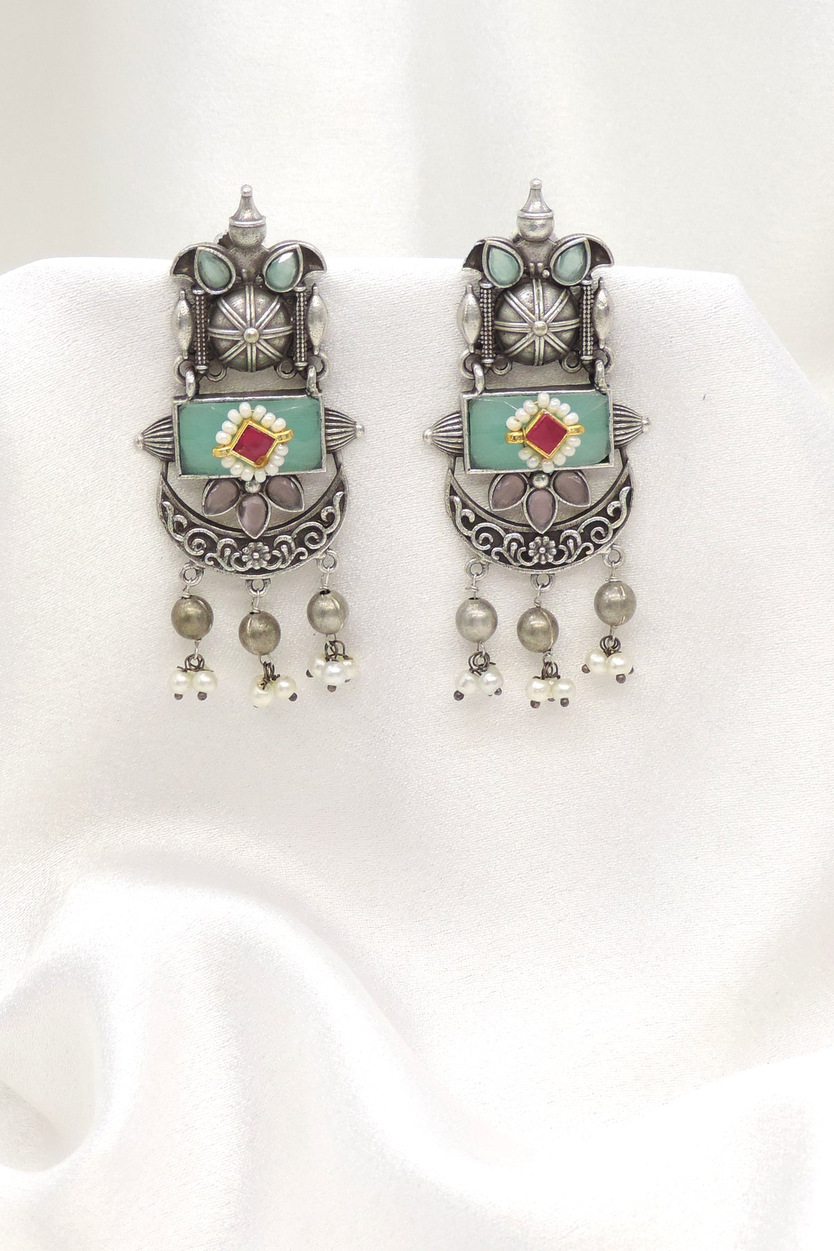 Oxidized Silver Pearl Colorful Drop Earrings