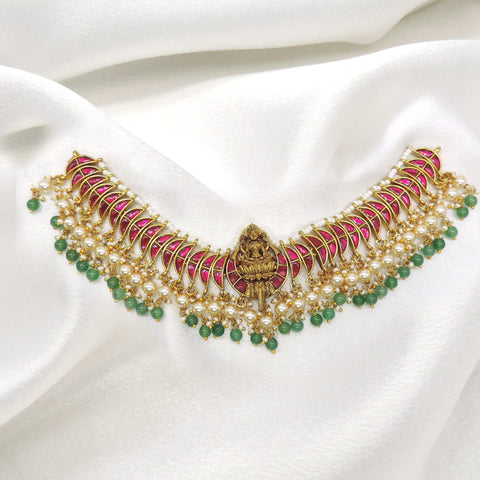 Lakshmi multicolor temple pearl choker necklace set with red stones and green beads by joyrias