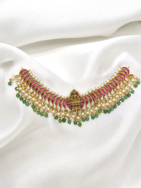 Lakshmi multicolor temple pearl choker necklace set with red stones and green beads by joyrias