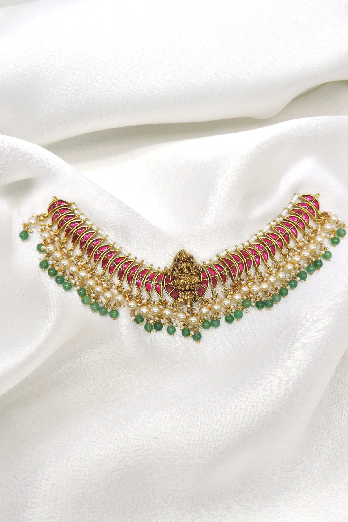 Temple ruby green pearl necklace with deity motif by joyrias