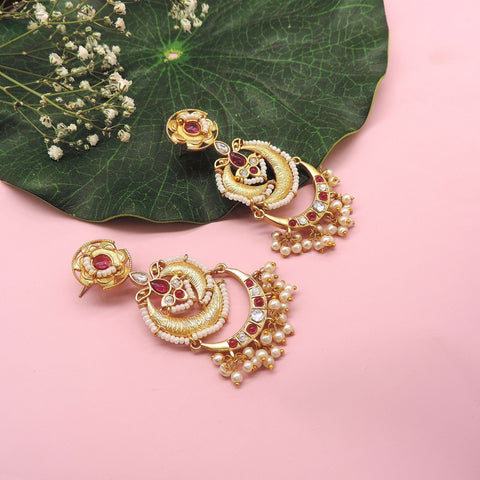 Traditional temple earrings with red stones and pearl drops – South Indian temple jewelry USA – Joyrias