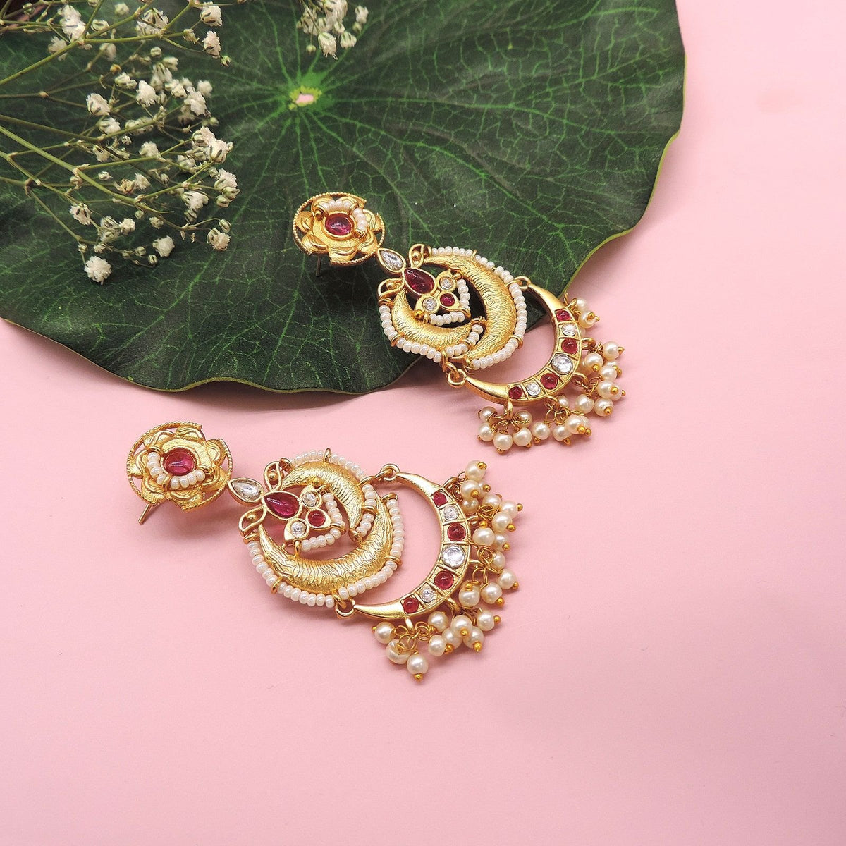 Golden floral chandbali earrings – Indian gold floral chandbali for weddings USA – Joyrias