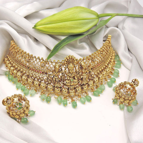 Lakshmi Temple Choker Set with Green Beads Image 0