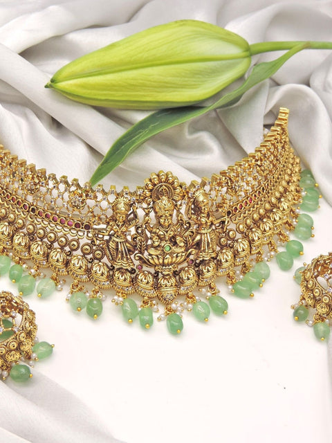 Lakshmi temple choker set with green beads – South Indian temple jewelry USA – Joyrias
