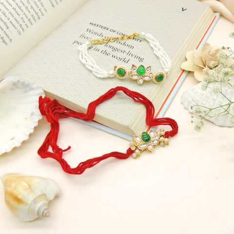 Emerald Lotus Bhaiya Bhabhi Rakhi Set by Joyrias