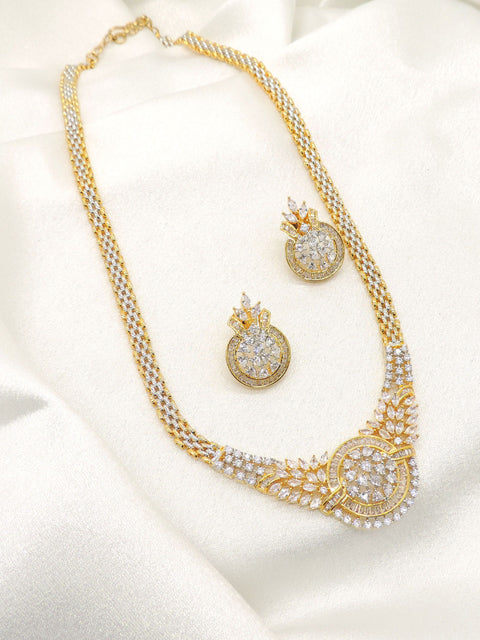 Luxury CZ statement necklace set with matching earrings and floral detailing