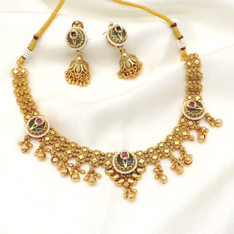 Antique gold traditional jhumka necklace set by Joyrias