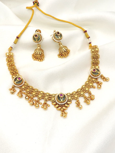Antique gold traditional jhumka necklace set by Joyrias