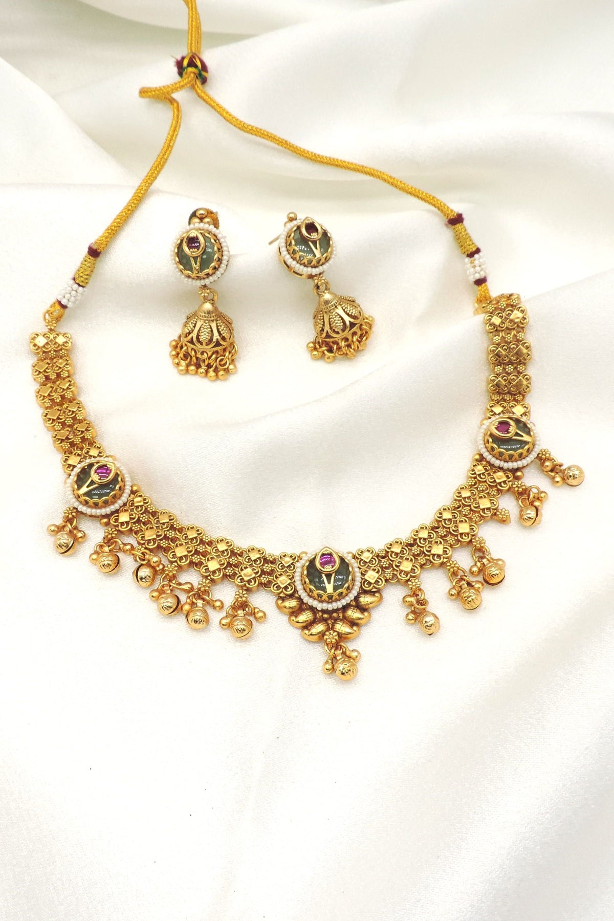 Antique gold traditional jhumka necklace set by Joyrias