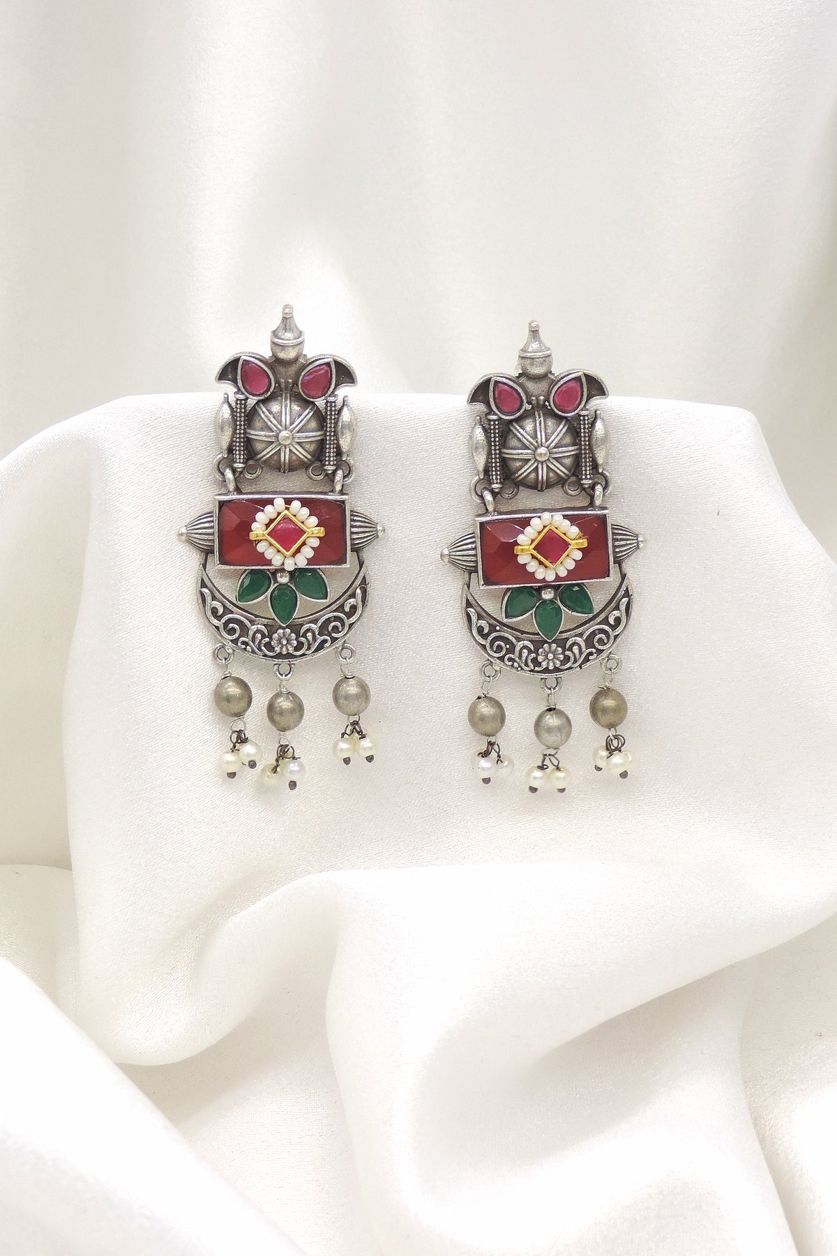 Oxidized Silver Pearl Colorful Drop Earrings