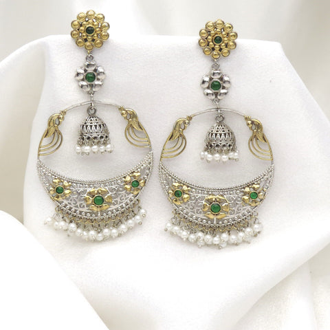 Oxidized dual-tone green stone chandbali earrings with jhumka and pearl fringe by joyrias