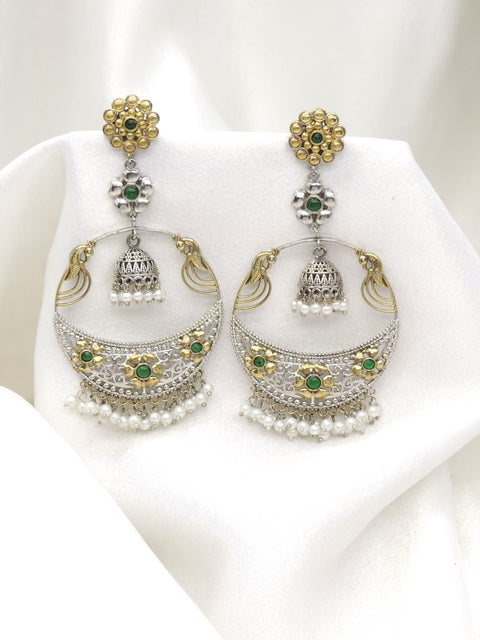 Oxidized dual-tone green stone chandbali earrings with jhumka and pearl fringe by joyrias