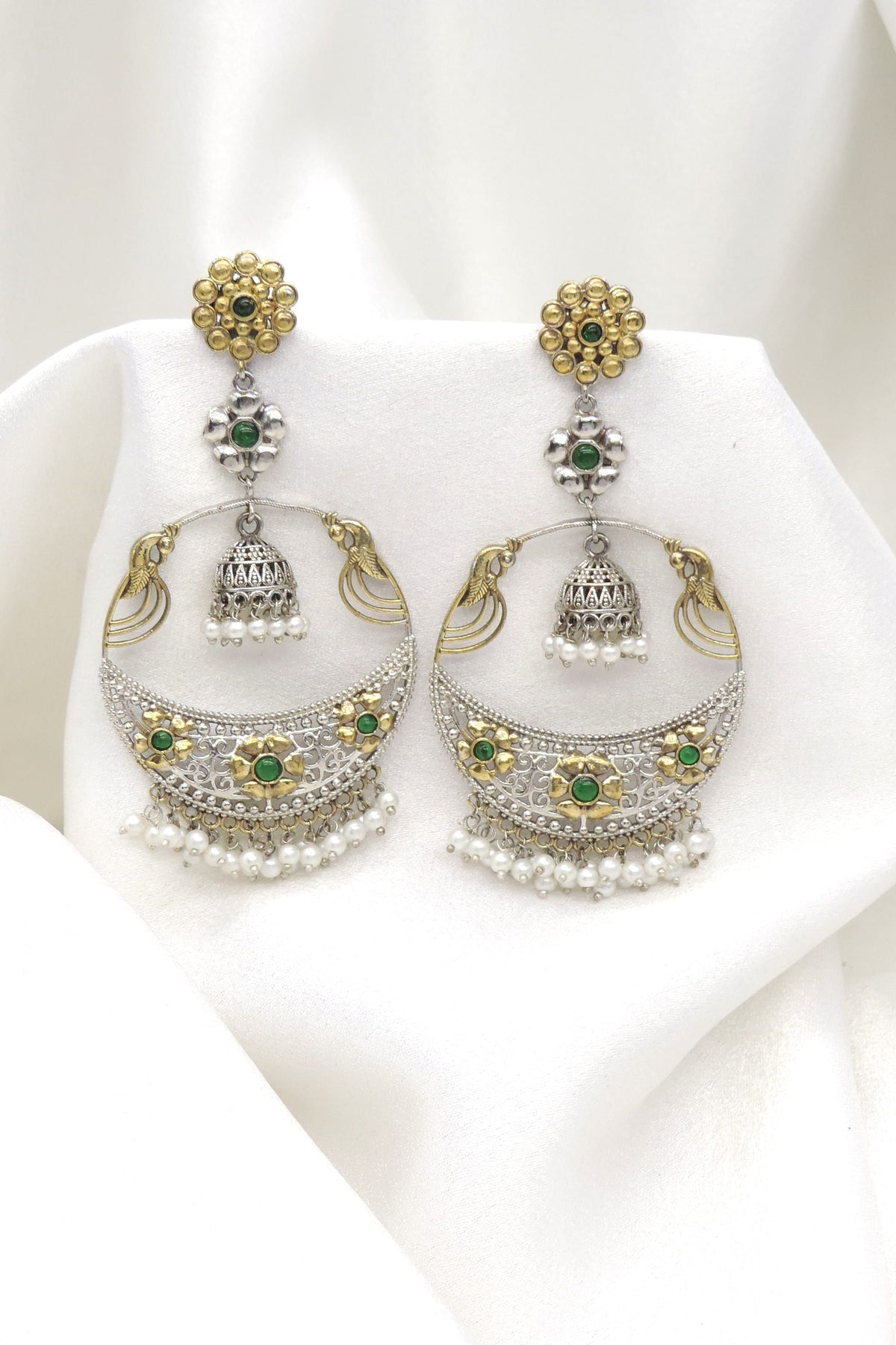 Oxidized dual-tone green stone chandbali earrings with jhumka and pearl fringe by joyrias