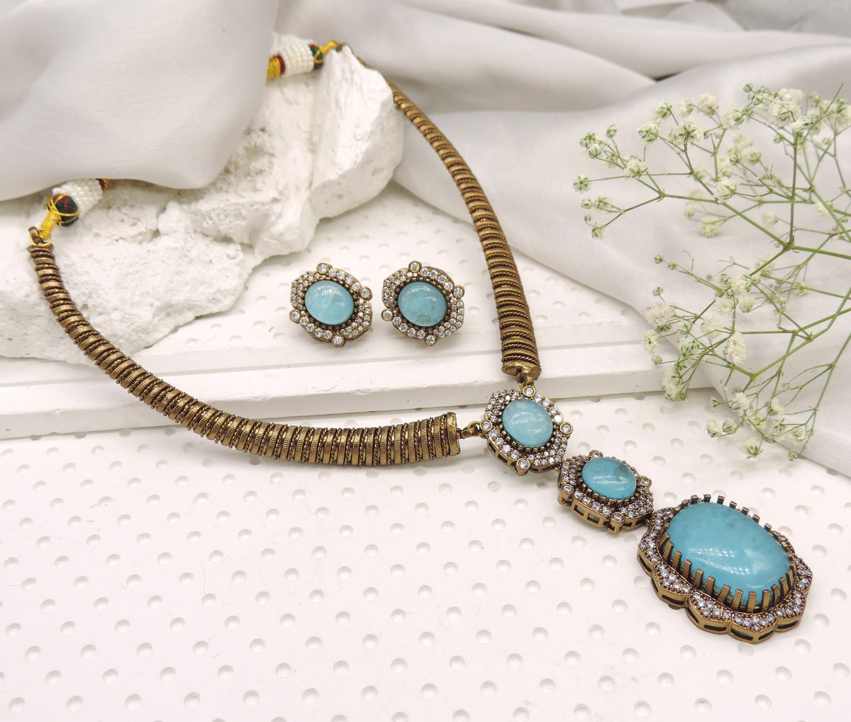 Antique finish coil choker necklace set with aqua cabochon pendant and matching earrings