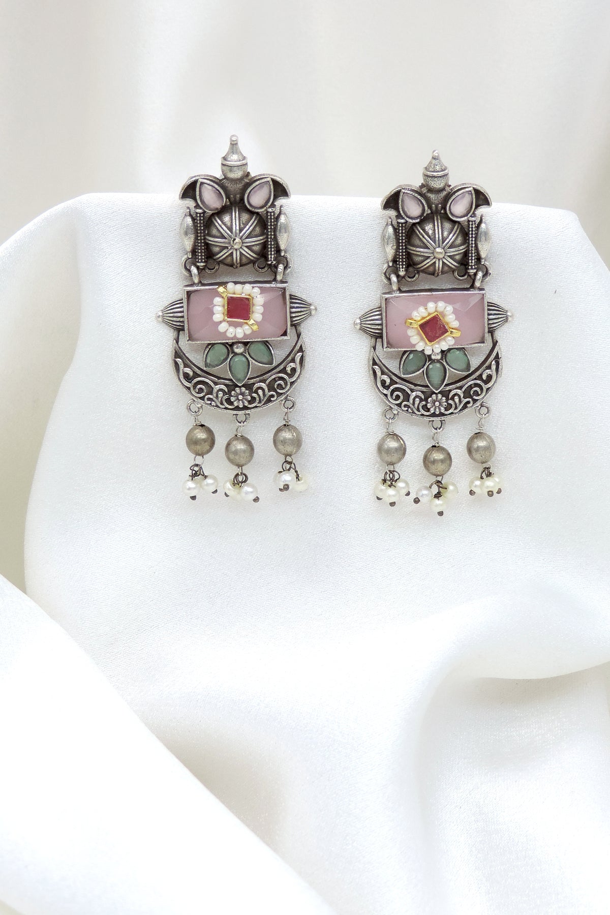 Oxidized Silver Pearl Colorful Drop Earrings
