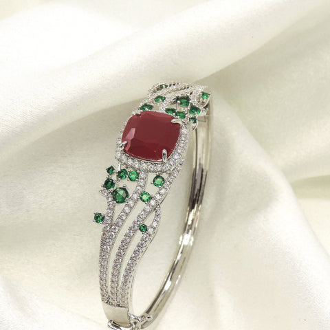 Ruby Red Stone CZ Kada Bracelet | Silver-Tone Statement Bangle for Women